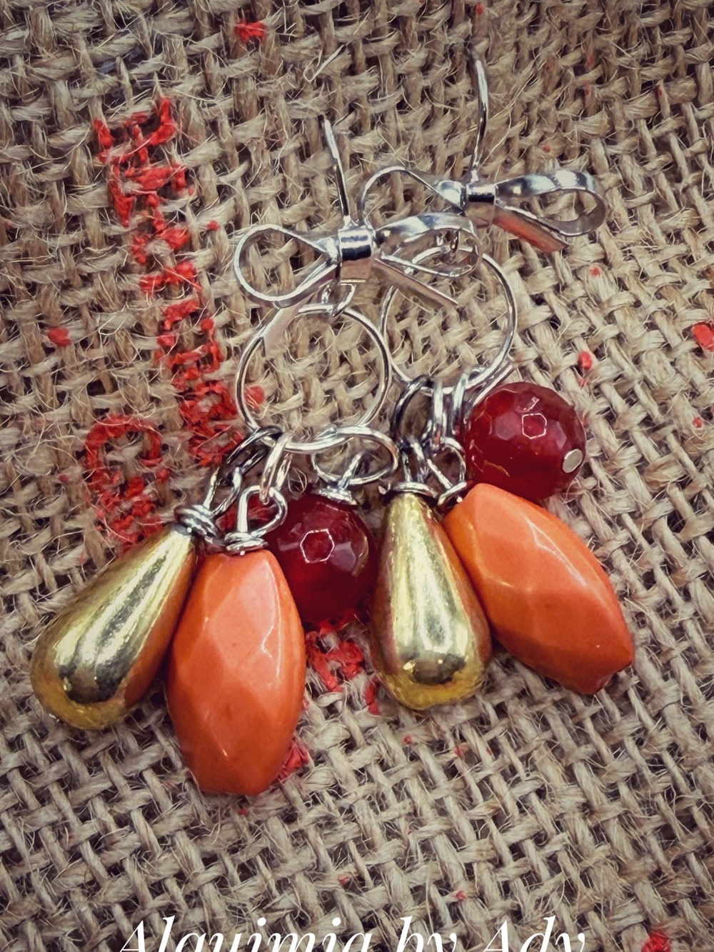 Orange, Red and Gold Cluster Drop Earrings with untreated ruby